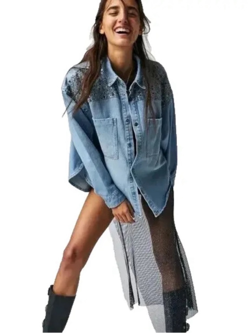 One Teaspoon x Free People Daria Embellished Denim Blue Jean Oversized Shirt